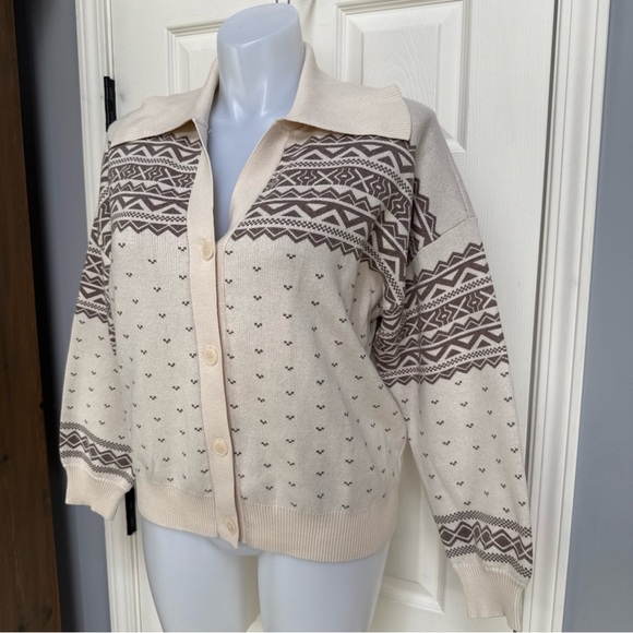 Ann Taylor LOFT Women Fair Isle Collar Button Cardigan Sweater Aztec Argyle XL - Picture 2 of 8